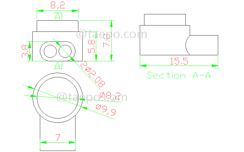Zeichnung des UY2 Stoßverbinders, 2-adrig, Leiter 0,4–0,9 mm, maximale Isolationsstärke 2,08 mm, Doppelkontakt, mit Gel gefüllt
