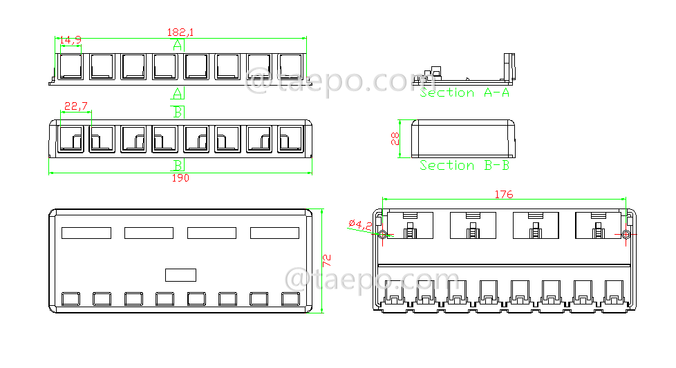 Zeichnung für 8-Port-Oberflächenbox, CAT5E, RJ45, 8P8C, UTP