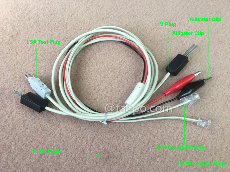 Abbildung für 2-poliges Testkabel, 4-poliger LSA-Teststecker + 4-poliger N-Teststecker zu Krokodilklemme, M-Stecker, 8P2C-Modularstecker, 6P2C-Modularstecker, 1,5 m