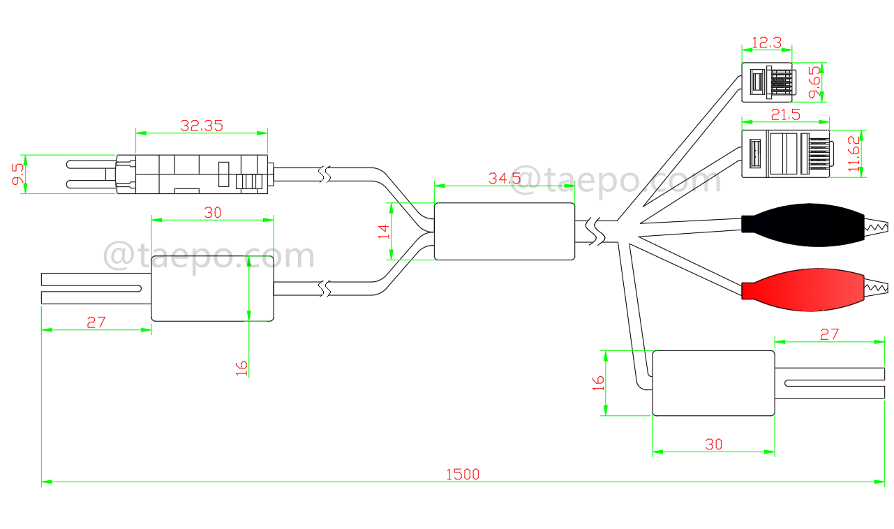 Zeichnung für 2-poliges Testkabel, 4-poliger LSA-Teststecker + 4-poliger N-Teststecker zu Krokodilklemme, M-Stecker, 8P2C-Modularstecker, 6P2C-Modularstecker, 1,5 m