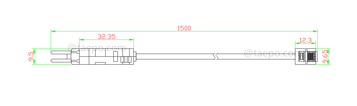 Zeichnung des 4-poligen Testkabels, LSA-Teststecker zu 6P4C Modularstecker, 1,5 m