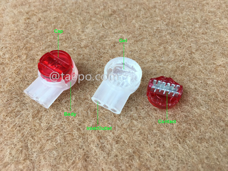 Illustration des UR2 Stoßverbinders, 3-adrig, Leiter 0,4–0,9 mm, maximale Isolationsstärke 2,08 mm, doppelte Kontakte, mit Gel gefüllt