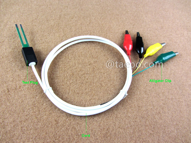 Abbildung des 4-poligen SM-Testkabels mit Teststecker und Krokodilklemme für den MDF-Abschaltblock 71, Artikelnummer TP-1401-100, Länge 1,5 m