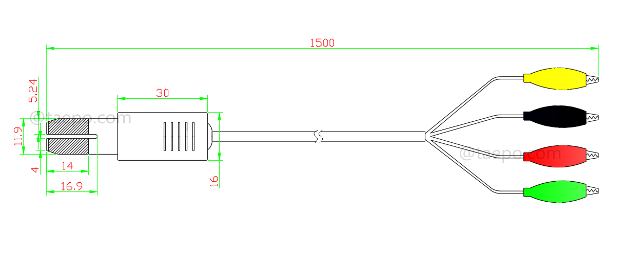 Zeichnung für 4-poliges HW-Testkabel, Teststecker zu Krokodilklemme, 1,5 m