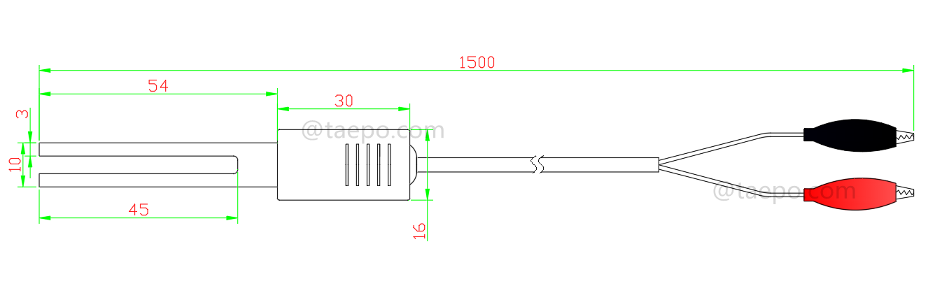 Zeichnung des 2-poligen SM-Testkabels mit Prüfstecker zu Krokodilklemme für MDF-Trennblock 71 #TP-1401-100, 1,5 m