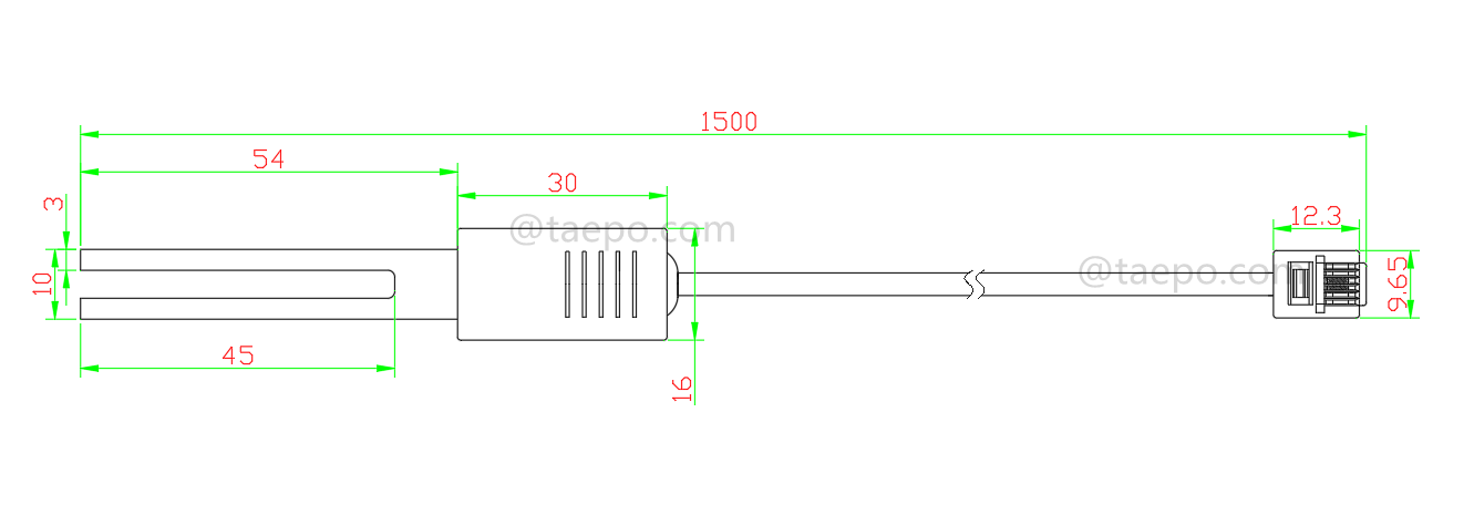 Zeichnung für 2-poliges SM-Testkabel mit Teststecker zu 6P2C-Modularstecker für den MDF-Trennblock 71 #TP-1401-100, 1,5 m