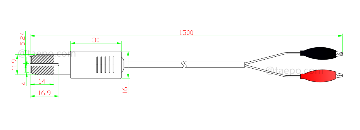 Zeichnung für 2-poliges HW-Testkabel, Teststecker auf Krokodilklemme