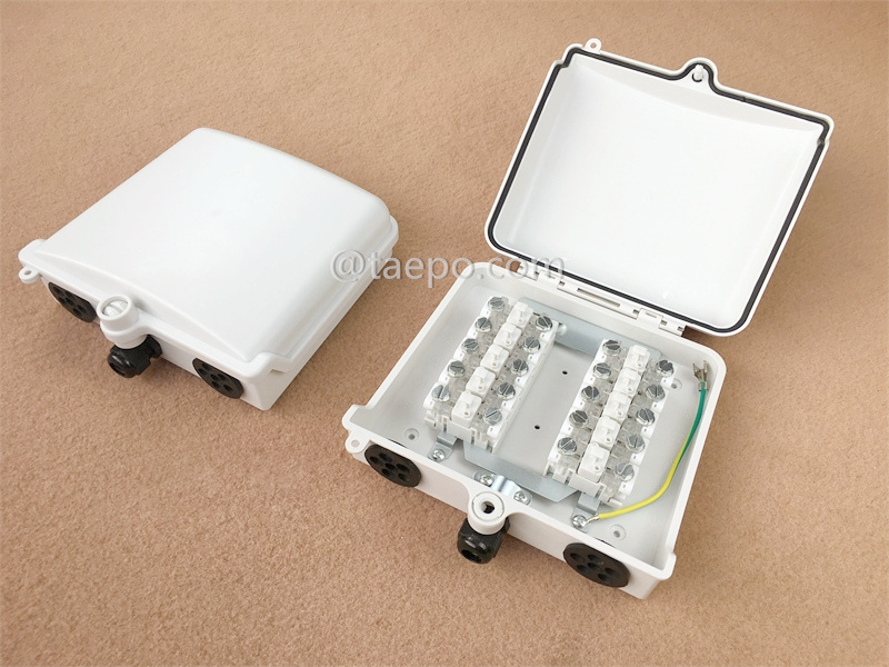 Outdoor-Verteilerbox für 10 Paare für STB-Modul, 200x185x70 mm, Schraub-Schnappverschluss, Kunststoffgehäuse, mit STB-Modul mit Überspannungsschutz