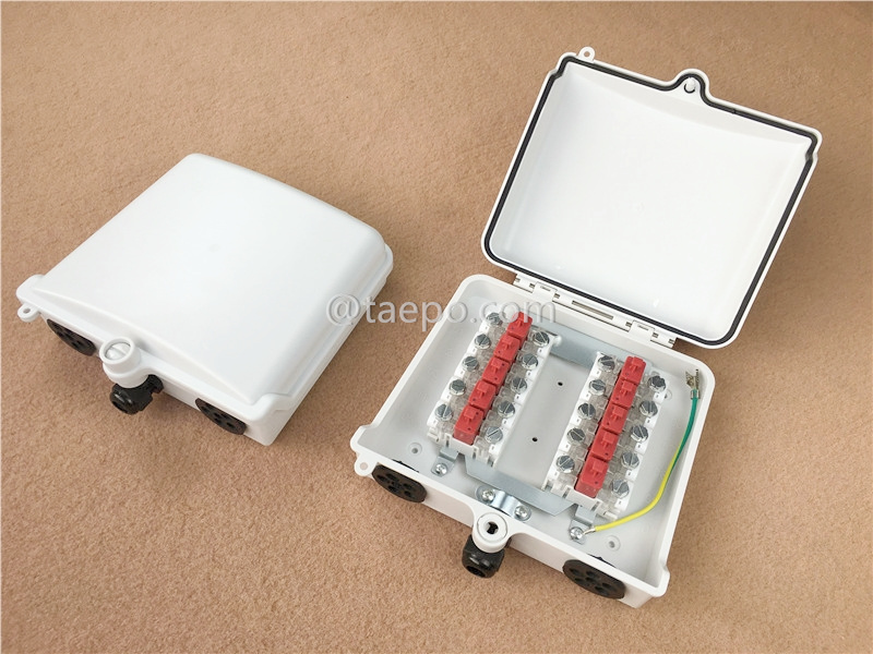 Outdoor-Verteilungspunktkasten für 10 Paare zum STB-Modul, 200x185x70 mm, Schraub-Schnappverschluss, Kunststoffgehäuse, mit STB-Modul und Überspannungsschutz