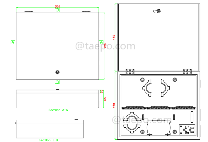 Zeichnung für Glasfaserverteilbox (FDB), Outdoor, SC, 72 Fasern, mit ersetzbaren Patchpanels