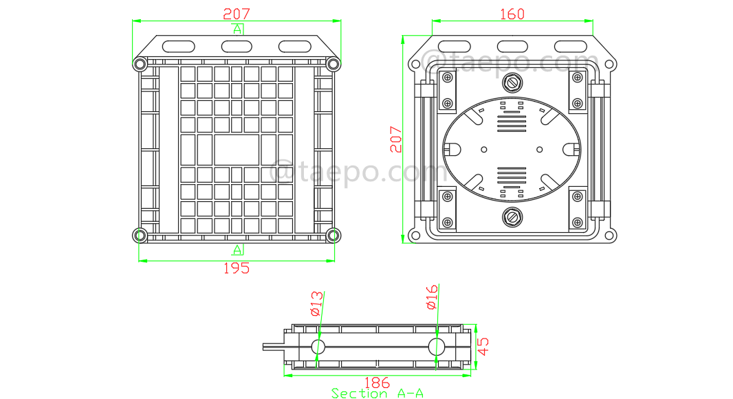 Zeichnung für faseroptischen Spleißverschluss (FOSC), horizontale Ausführung, mechanische Abdichtung, 24 Fasern