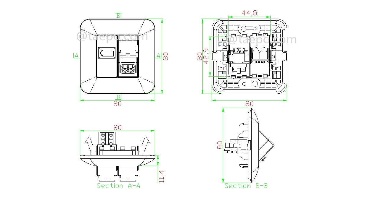 Zeichnung für Hybrid-Steckdose LC/APC Duplex + 1-Port UK-Steckdose