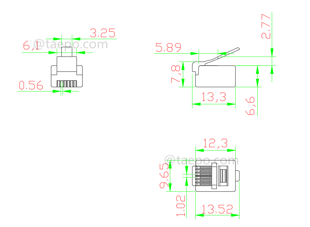 Zeichnung für Modularstecker, CAT3, 6P6C, UTP