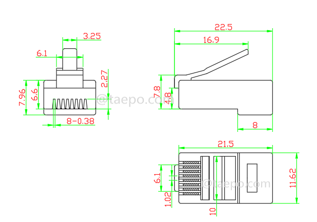 Zeichnung für Modularstecker, CAT5E, RJ45, 8P8C, UTP