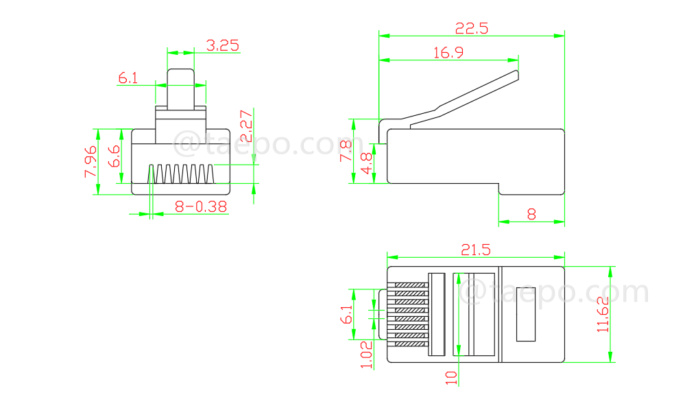 Zeichnung für Modularer Stecker, CAT6A, RJ45, 8P8C, UTP