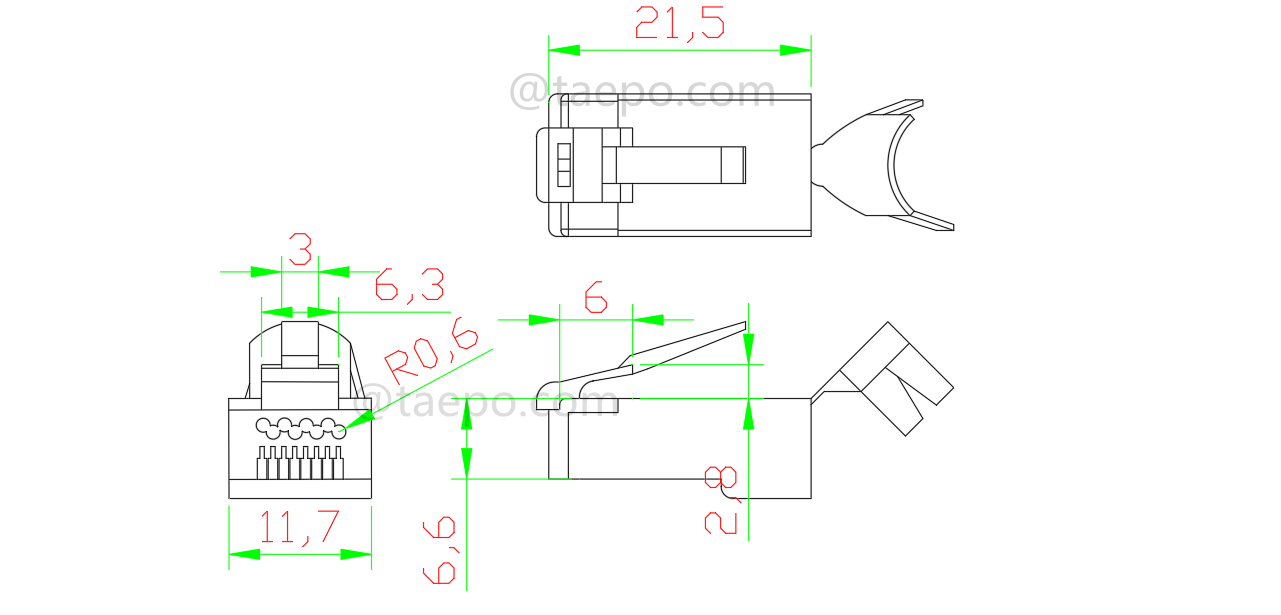 Zeichnung für Modularer Stecker, CAT7, RJ45, 8P8C, STP
