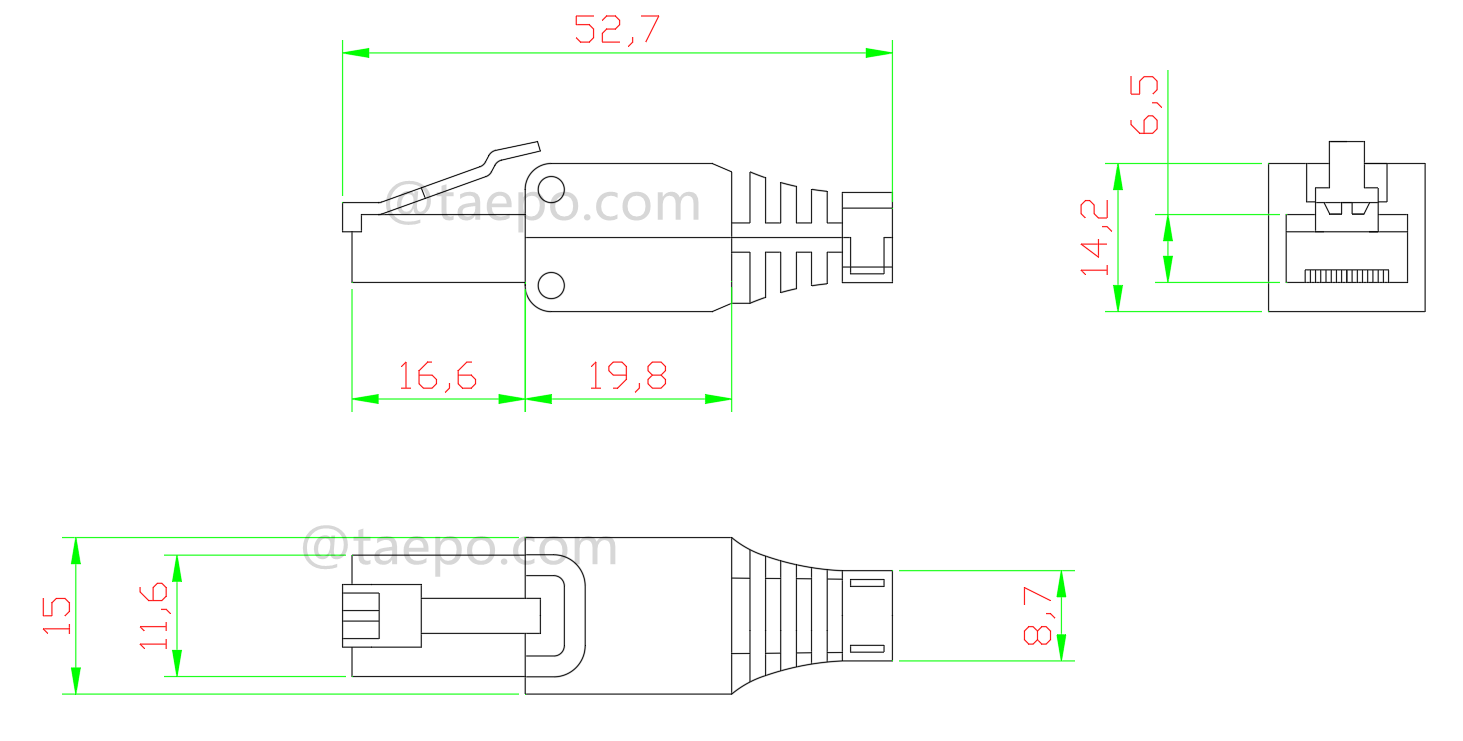 Zeichnung für Modularer Stecker, CAT5E, RJ45, 8P8C, UTP, werkzeuglos