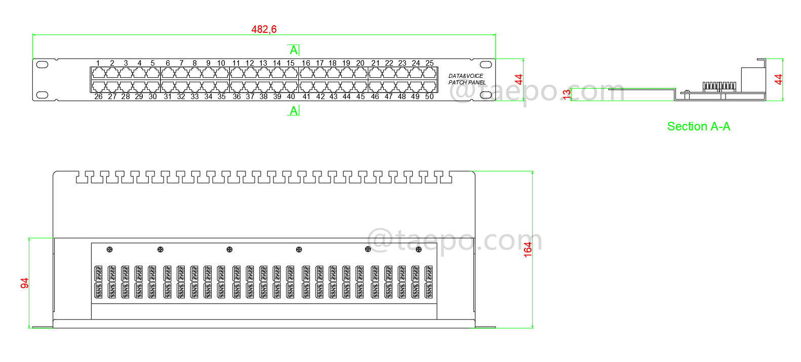 Zeichnung für 50-Port Patchpanel, CAT3, RJ45, UTP, 19