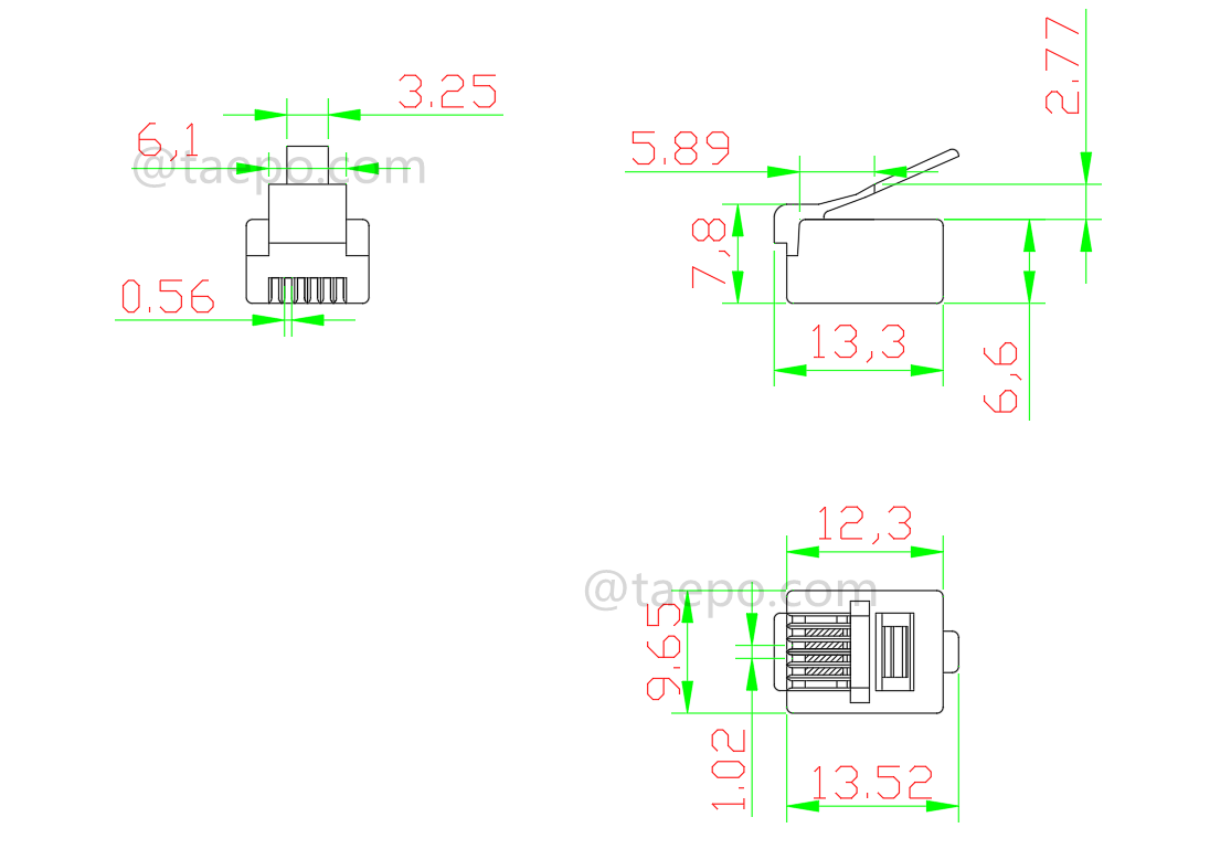Zeichnung für Modularstecker, CAT3, 6P4C, UTP