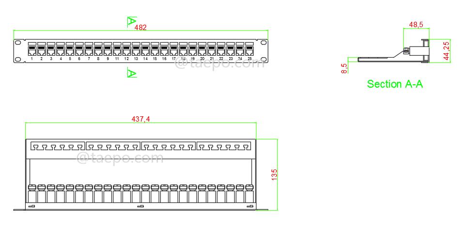 Zeichnung für 24-Port Patchpanel, CAT5E, RJ45, STP, 19
