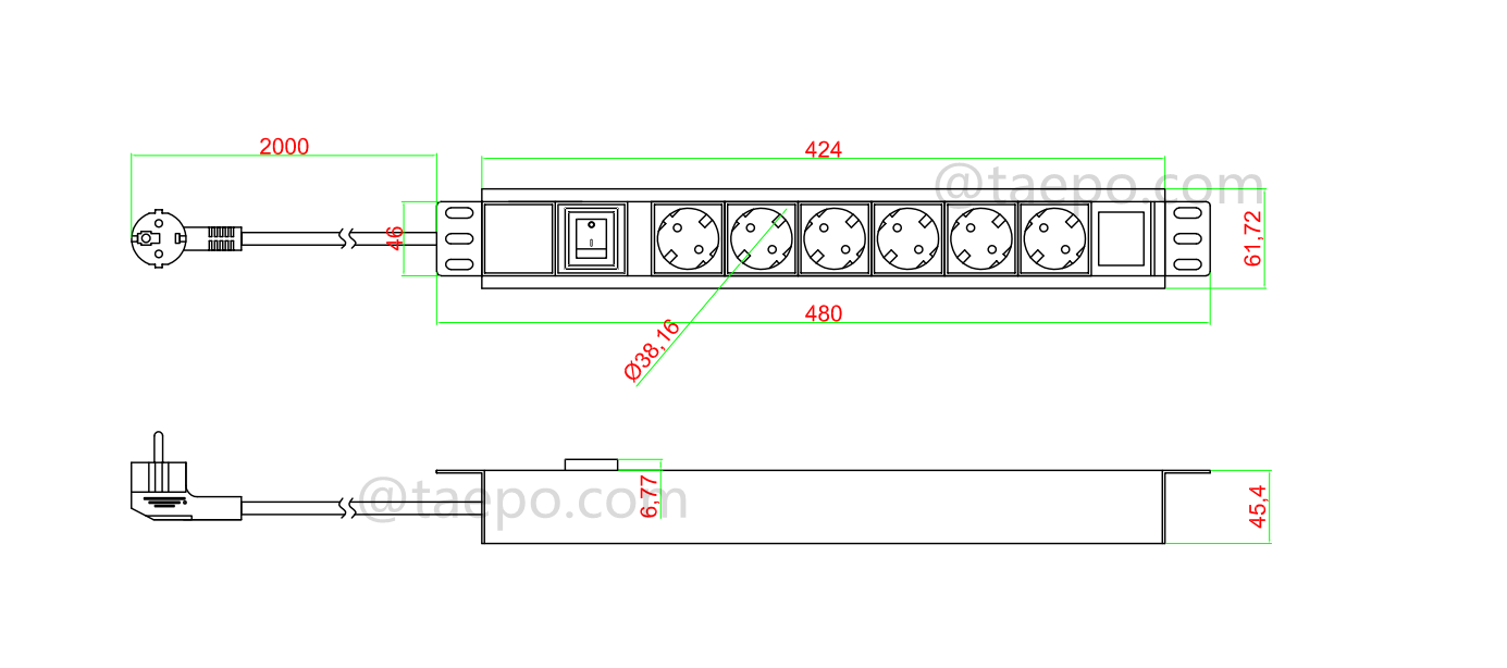 Zeichnung für PDU, Deutschland Standard, 16A 250VAC, 6 Anschlüsse, 1,5U, mit Hauptschalter