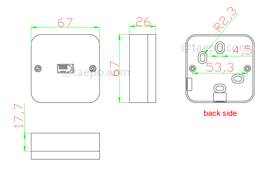 Zeichnung für 1-Port RJ11 Telefonsteckdose, UK, CAT3, 6P6C