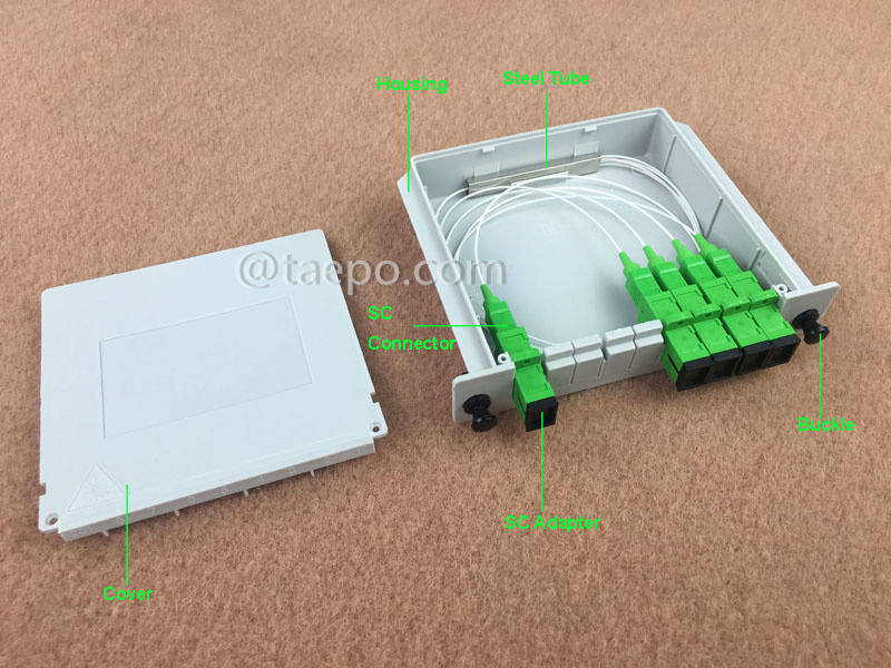 Illustrationsbilder für Lichtwellenleiter-Splitter, PLC, Kassettentyp, G657A, 1x4, 0,9 mm lose Tube, mit SC/APC-Stecker, Adapter