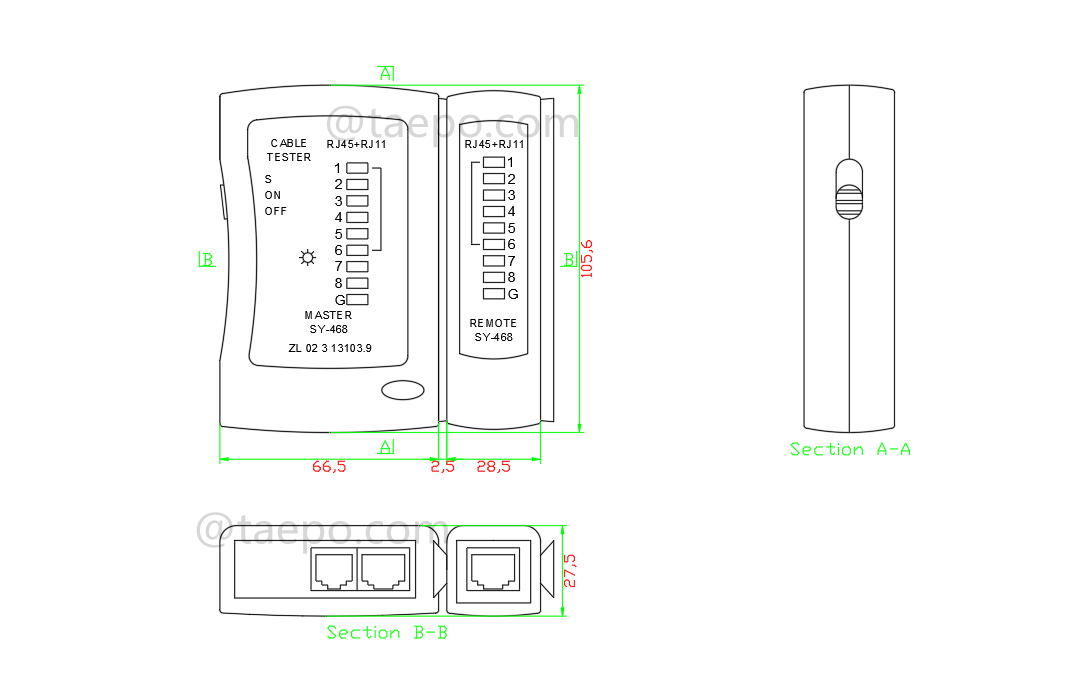 Zeichnung des Patchkabeltesters für RJ11/RJ45