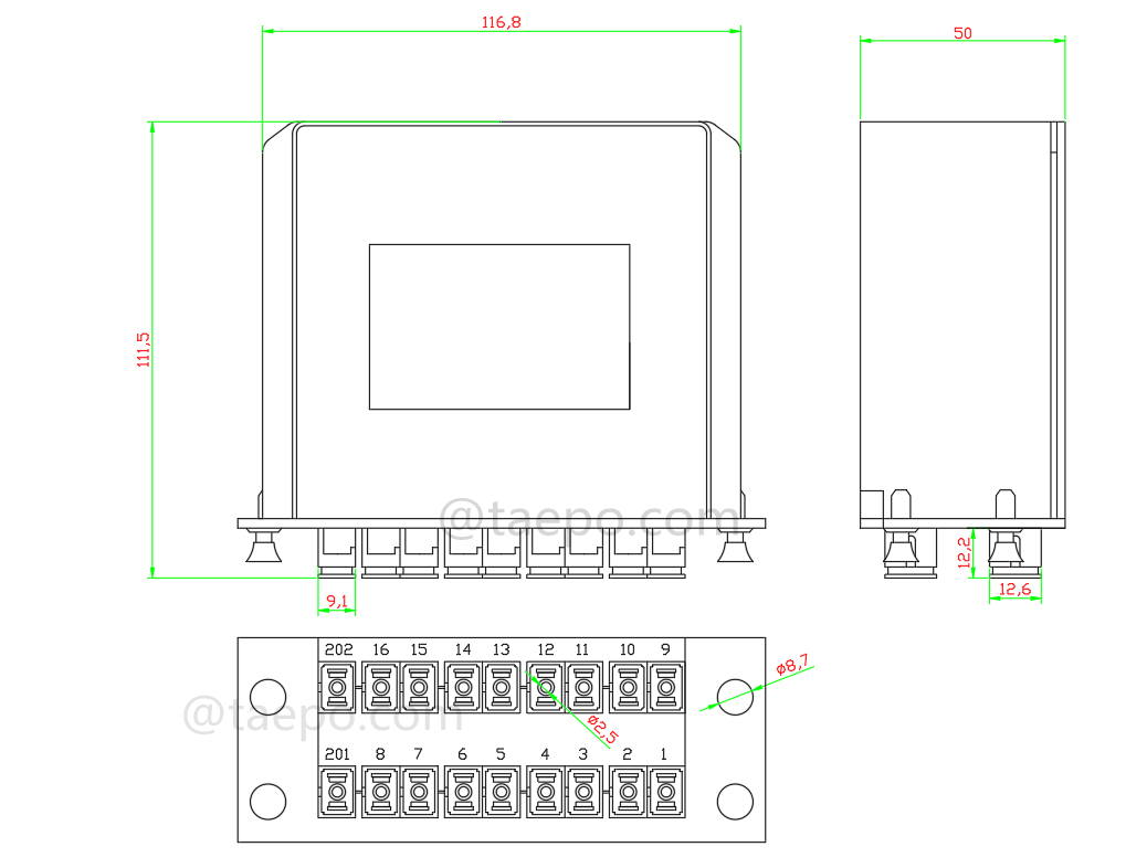 Zeichnung für Lichtwellenleiter-Splitter, PLC, Kassetten-Typ, G657A, 2x16, 0,9 mm Loose Tube, mit SC/APC-Stecker