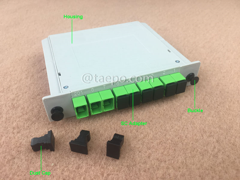 Illustrationsbilder für Lichtwellenleiter-Splitter, PLC, Kassettentyp, G657A, 1x8, 0,9 mm lose Tube, mit SC/APC-Stecker, Adapter