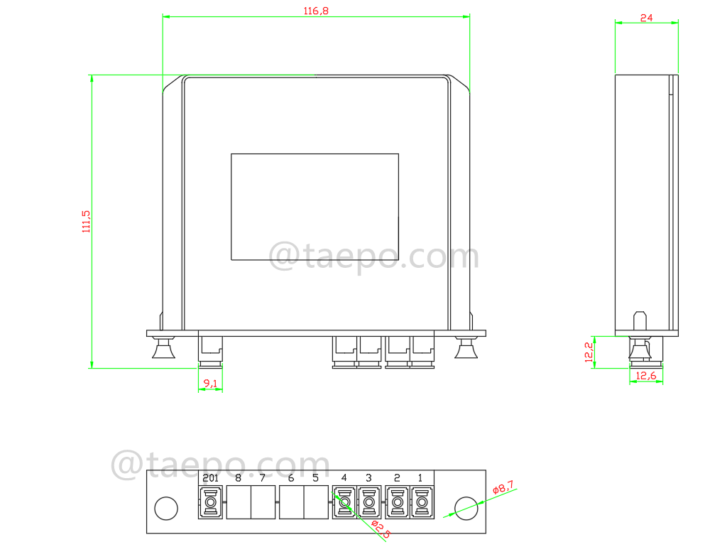 Zeichnung für Lichtwellenleiter-Splitter, PLC, Kassettentyp, G657A, 1x4, 0,9 mm lose Tube, mit SC/APC-Stecker, Adapter