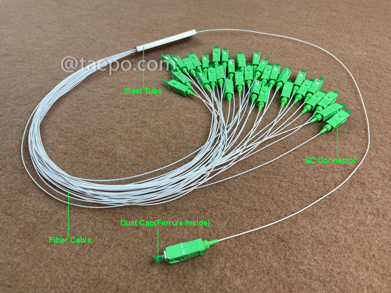 Abbildungen des Lichtwellenleiter-Splitters, PLC, Stahlrohr, 1x32, mit SC/APC-Steckverbinder