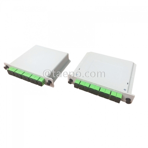 Lichtwellenleiter-Splitter, PLC, Kassettentyp, G657A, 1x8, 0,9 mm lose Tube, mit SC/APC-Stecker, Adapter