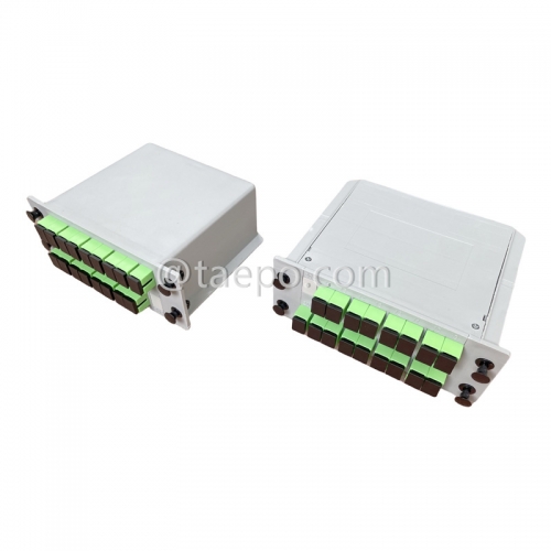 Lichtwellenleiter-Splitter, PLC, Kassetten-Typ, G657A, 1x16, 0,9 mm Loose Tube, mit SC/APC-Stecker