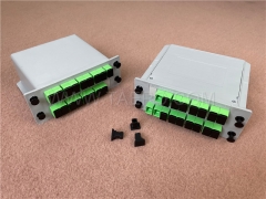 Lichtwellenleiter-Splitter, PLC, Kassetten-Typ, G657A, 1x16, 0,9 mm Loose Tube, mit SC/APC-Stecker
